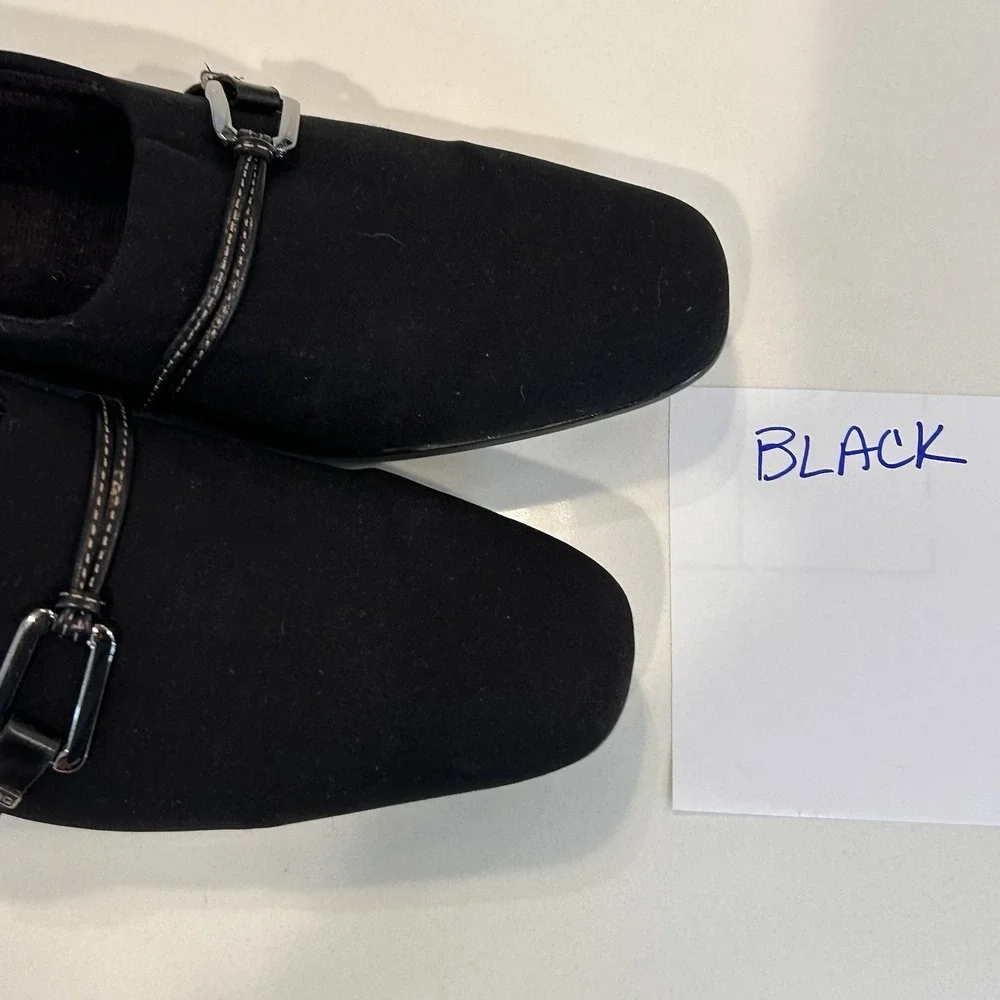Munro Cindy Block Heel Pump Shoes Sz 9.5 Narrow Black Stretch Fabric Slip Ons